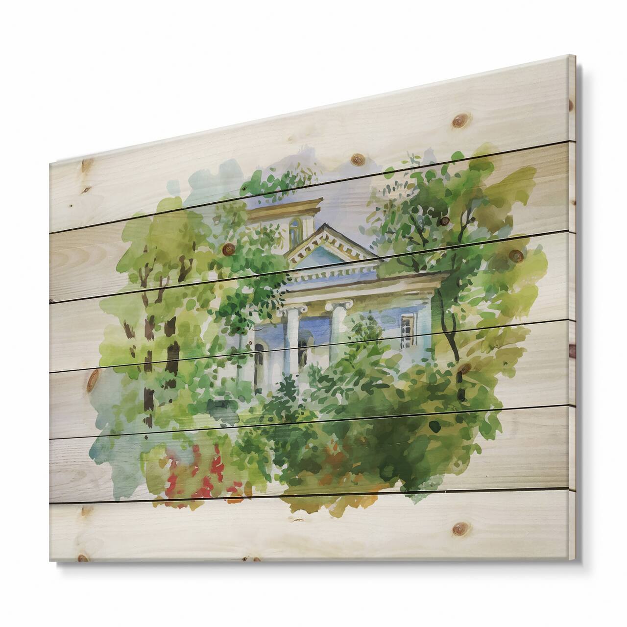 Designart - White House In The Woods - Traditional Print on Natural Pine Wood